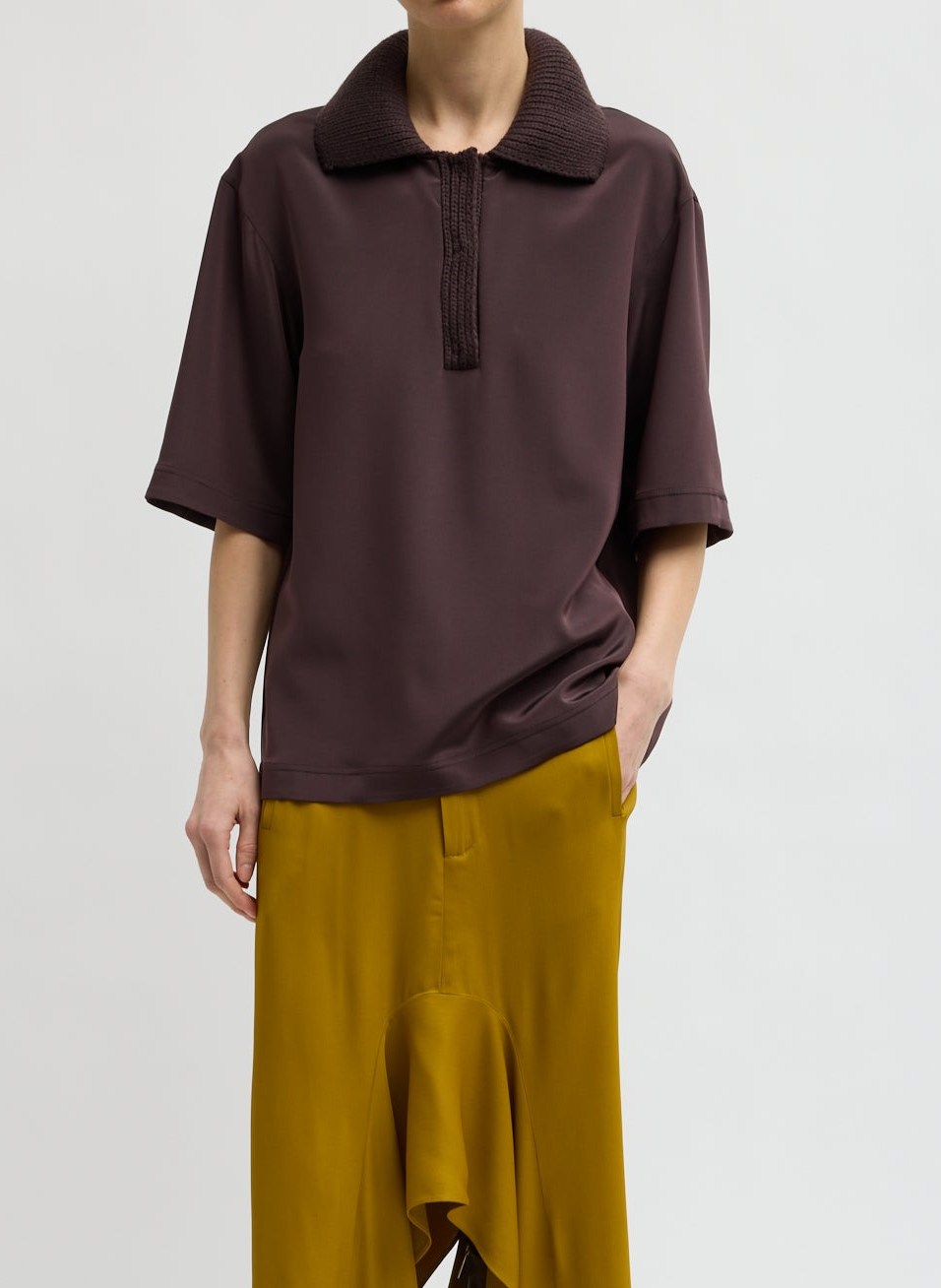 Stretch Silk Nylon Collared Top