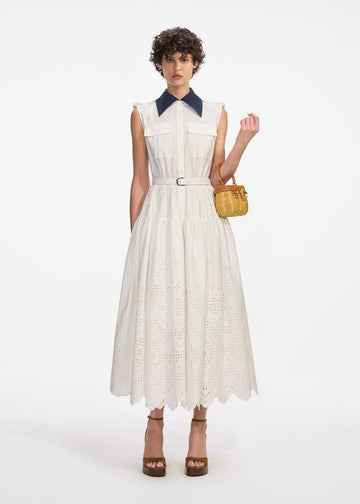 Contrast Collar Broderie Dress